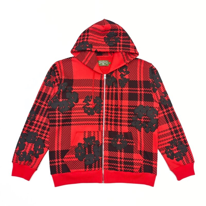 Denim Tears Plaid Cotton Wreath Zip Hoodie Red