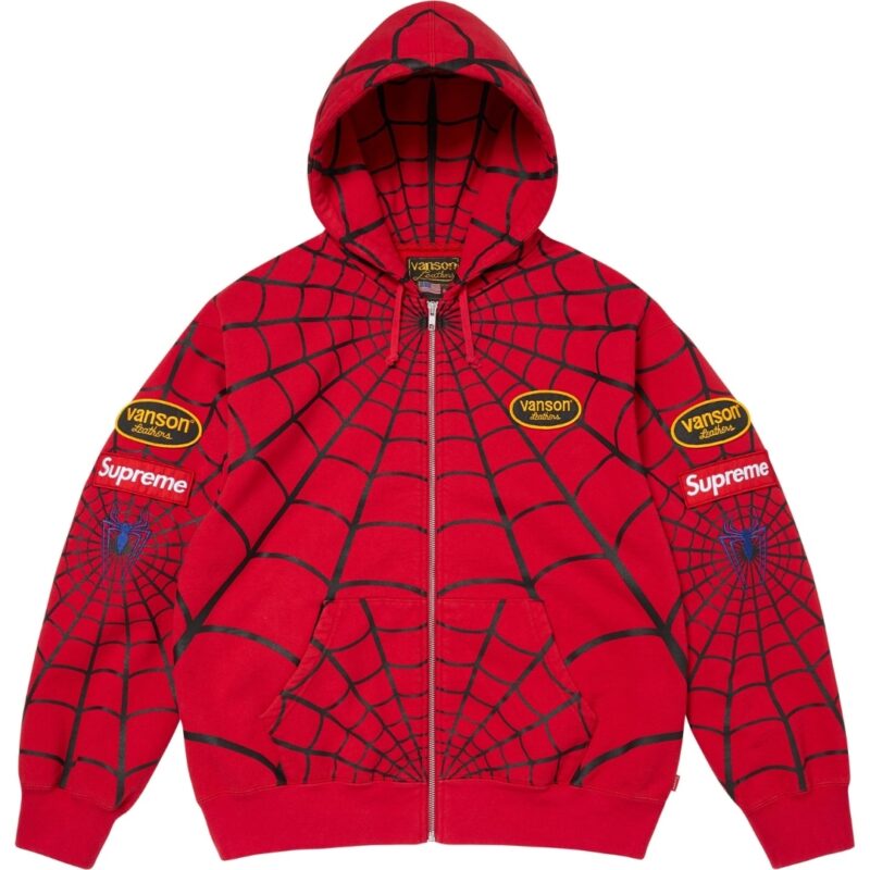 Supreme Vanson Leathers Spider-Man Zip Hoodie Red